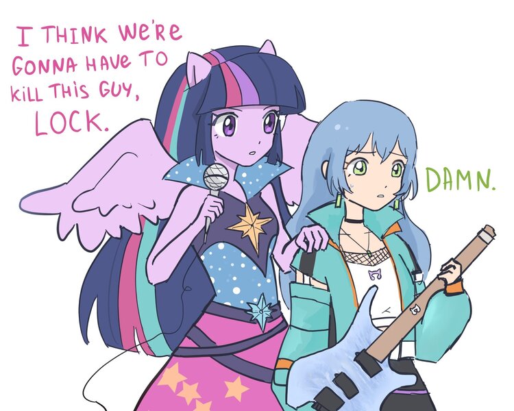 Size: 2048x1638 | Tagged: safe, artist:berser_key, derpibooru import, twilight sparkle, human, equestria girls, rainbow rocks, asahi rokka, bandori, bang dream!, crossover, electric guitar, female, guitar, i think we're gonna have to kill this guy, image, imminent murder, jpeg, meme, microphone, musical instrument, ponied up, simple background, white background