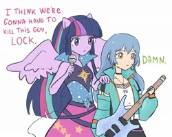 Size: 2048x1638 | Tagged: safe, artist:berser_key, derpibooru import, twilight sparkle, human, equestria girls, rainbow rocks, asahi rokka, bandori, bang dream!, crossover, electric guitar, female, guitar, i think we're gonna have to kill this guy, image, imminent murder, jpeg, meme, microphone, musical instrument, ponied up, simple background, white background
