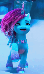 Size: 596x1010 | Tagged: safe, derpibooru import, edit, edited screencap, screencap, g5, my little pony: make your mark, spoiler:g5, spoiler:my little pony: make your mark, spoiler:my little pony: make your mark chapter 6, spoiler:mymc06e04, animated, cropped, determined, determined look, gif, glitter, hopping, image, jewelry, misty brightdawn, my little pony: make your mark chapter 6, necklace, rebirth misty, secrets of starlight, smiling, smirk, snow, solo, sparkles