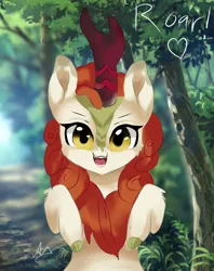 Size: 666x839 | Tagged: safe, artist:latia122, derpibooru import, autumn blaze, kirin, awwtumn blaze, bipedal, bust, cute, female, forest, heart, image, looking at you, nature, open mouth, open smile, png, portrait, rearing, roar, smiling, solo, tree