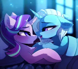 Size: 2500x2224 | Tagged: suggestive, artist:magnaluna, artist:magnalunansafelol, derpibooru import, starlight glimmer, trixie, pony, unicorn, after kiss, bed, blanket, chest fluff, cute, drool, drool string, duo, duo female, ear fluff, eye contact, eyebrows, female, floppy ears, g4, horn, image, indoors, kissing, lesbian, lidded eyes, looking at each other, looking at someone, lying down, mare, on back, on bed, open mouth, png, shipping, startrix, window