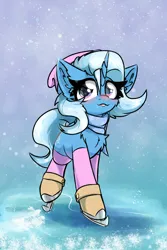 Size: 2000x3000 | Tagged: safe, artist:jubyskylines, derpibooru import, trixie, pony, unicorn, :p, blushing, chest fluff, clothes, cute, diatrixes, ear fluff, female, g4, hat, horn, ice, ice skates, ice skating, image, looking at you, mare, png, scarf, skates, snow, socks, solo, tongue out