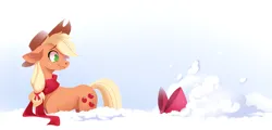 Size: 2949x1419 | Tagged: safe, artist:28gooddays, derpibooru import, apple bloom, applejack, earth pony, pony, adorabloom, apple bloom's bow, apple sisters, bow, clothes, cute, deep snow, duo, female, filly, floppy ears, g4, hair bow, image, looking back, mare, png, scarf, siblings, sisters, snow, winter