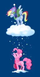 Size: 1364x2646 | Tagged: safe, artist:28gooddays, derpibooru import, pinkie pie, rainbow dash, earth pony, pegasus, pony, blue background, cap, clothes, cloud, duo, eyes closed, female, hat, image, mare, on a cloud, open mouth, png, scarf, simple background, smiling, snow, snowfall, spread wings, standing on a cloud, tongue out, wings