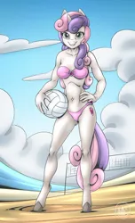 Size: 820x1351 | Tagged: safe, artist:mysticalpha, derpibooru import, sweetie belle, anthro, pony, unguligrade anthro, unicorn, beach, belly button, bikini, breasts, busty sweetie belle, clothes, female, grin, hand on hip, image, jpeg, looking at you, mare, older, older sweetie belle, smiling, smiling at you, sports, swimsuit, volleyball, volleyball net