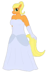 Size: 1259x1945 | Tagged: safe, artist:mlp-headstrong, derpibooru import, applejack, anthro, earth pony, pony, alternate hairstyle, applejack also dresses in style, breasts, busty applejack, cinderella, clothes, dress, evening gloves, female, freckles, gloves, gown, image, long gloves, mare, png, smiling, solo