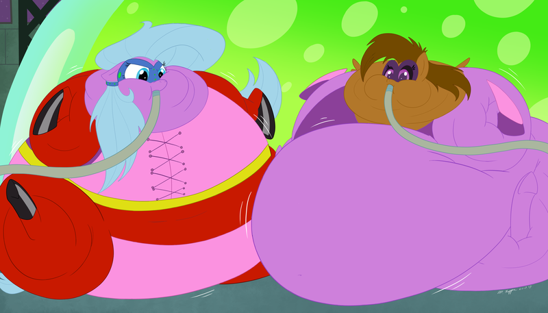 Size: 2940x1680 | Tagged: suggestive, artist:necrofeline, derpibooru import, mane-iac, oc, oc:dingo lass, oc:madame inflator, oc:rubber horseshoe, earth pony, pegasus, pony, comic:the formula, alternate universe, belly, big belly, black sclera, chest fat, chubby cheeks, clothes, comic, commission, commission comic, commissioner:geonineplus, costume, duo, duo female, expansion, eyeshadow, factory, female, female oc, formula, g4, growth, growth formula, hair tie, hose, image, imminent wardrobe malfunction, inflation, inflation comic, inflation sequence, ingestion, large butt, makeup, mare, mare oc, mask, neck roll, pegasus oc, png, power ponies, sequence, serum, supervillain, swelling, tank (container), this will end in wardrobe malfunction, tresemme, wings, word bubble