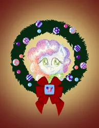 Size: 2550x3300 | Tagged: safe, artist:flutterluv, derpibooru import, part of a set, pony, unicorn, g5, bust, christmas, christmas wreath, holiday, image, jpeg, misty brightdawn, portrait, smiling, solo, wreath