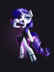 Size: 1992x2632 | Tagged: safe, artist:polochka_art, derpibooru import, rarity, pony, semi-anthro, unicorn, black dress, clothes, dress, female, hoof hold, hoof shoes, image, jpeg, lidded eyes, mare, open mouth, open smile, purse, shading, smiling, solo