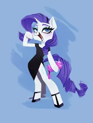 Size: 1992x2632 | Tagged: safe, alternate version, artist:polochka_art, derpibooru import, rarity, pony, semi-anthro, unicorn, black dress, blue background, clothes, dress, female, hoof hold, hoof shoes, image, jpeg, lidded eyes, mare, open mouth, open smile, purse, simple background, smiling, solo