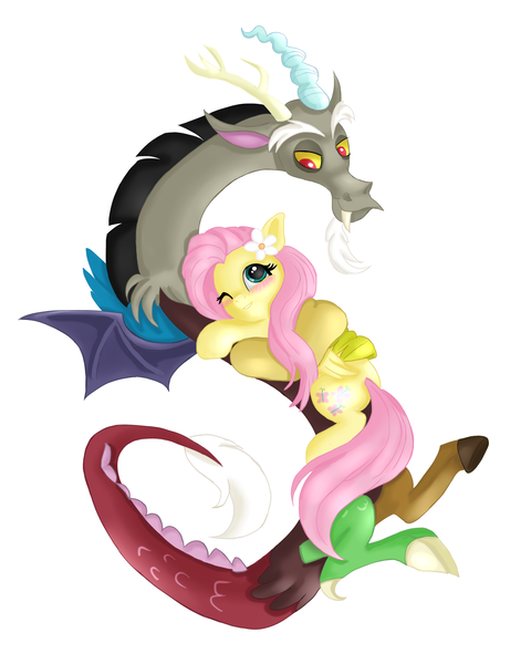 Size: 2000x2500 | Tagged: safe, artist:jbond, artist:luminousdazzle, color edit, derpibooru import, edit, discord, fluttershy, draconequus, pegasus, pony, blushing, colored, duo, female, flower, flower in hair, g4, high res, horn, hug, image, looking at each other, looking at someone, male, mare, one eye closed, png, simple background, white background, wink