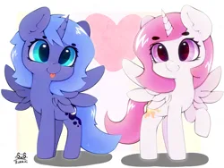 Size: 4000x3000 | Tagged: safe, artist:zokkili, derpibooru import, princess celestia, princess luna, alicorn, pony, beanbrows, cewestia, cute, cutelestia, duo, duo female, eyebrows, eyebrows visible through hair, female, filly, filly celestia, filly luna, g4, high res, horn, image, jpeg, lunabetes, pink-mane celestia, raised hoof, royal sisters, siblings, signature, sisters, smiling, spread wings, tongue out, wings, woona, younger