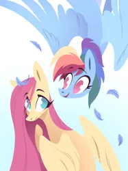 Size: 1500x2010 | Tagged: safe, artist:28gooddays, derpibooru import, fluttershy, rainbow dash, pegasus, pony, duo, feather, female, flying, g4, gradient background, image, looking at each other, looking at someone, mare, no pupils, open mouth, open smile, partially open wings, png, raised hoof, smiling, spread wings, wings
