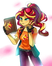 Size: 2377x2996 | Tagged: safe, artist:yuris, derpibooru import, sunset shimmer, human, equestria girls, alternate hairstyle, belt, belt buckle, blouse, blushing, clothes, diary, gloves, image, jacket, lip piercing, lip ring, nose piercing, pants, peace sign, piercing, png, ponytail, simple background, smiling, solo, white background