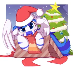Size: 1360x1249 | Tagged: safe, artist:omi, derpibooru import, oc, oc:fifty percent, pegasus, christmas, christmas tree, cute, hat, holiday, image, male, png, present, santa hat, solo, tree