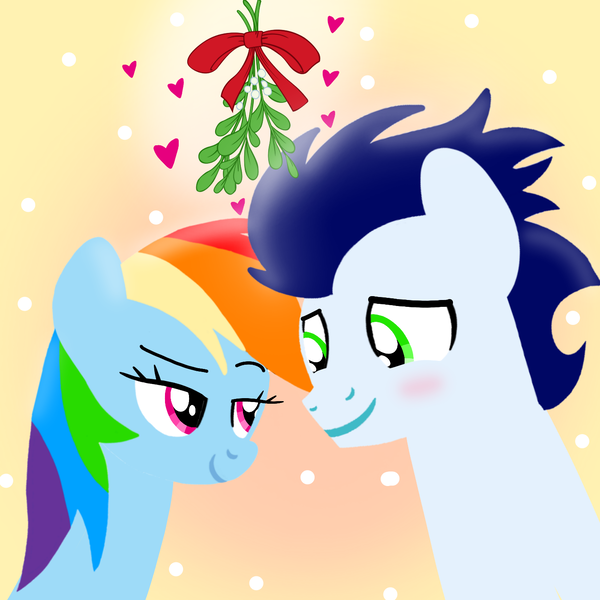 Size: 1400x1400 | Tagged: safe, artist:mlplary6, ponerpics import, ponybooru import, rainbow dash, soarin', pegasus, pony, blushing, boyfriend and girlfriend, christmas, female, heart, holiday, image, looking at each other, love, male, mare, mistletoe, png, romantic, shipping, smiling, smiling at each other, soarindash, stallion, straight