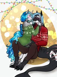 Size: 2897x3915 | Tagged: safe, artist:blackblood-queen, derpibooru import, oc, oc:bubble lee, oc:mako, anthro, digitigrade anthro, orca, original species, unguligrade anthro, unicorn, anthro oc, barely pony related, choker, christmas, christmas 2023, christmas lights, christmas sweater, clothes, couple, curved horn, female, freckles, furry, happy, hearth's warming, hearth's warming eve, holiday, horn, husband and wife, image, looking at each other, looking at someone, makolee, male, married couple, oc x oc, off shoulder, off shoulder sweater, pants, png, scar, shipping, smiling, straight, sweater, unicorn oc, wholesome
