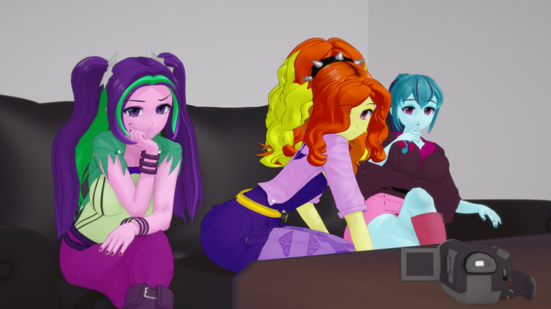 Size: 1920x1080 | Tagged: suggestive, alternate version, artist:camtwo, derpibooru import, adagio dazzle, aria blaze, sonata dusk, human, equestria girls, 3d, adagio dat-azzle, bored, breasts, busty aria blaze, busty sonata dusk, butt, camcorder, casting couch, choker, clothes, female, females only, g4, image, koikatsu, looking at you, png, spiked choker, the dazzlings, trio, trio female