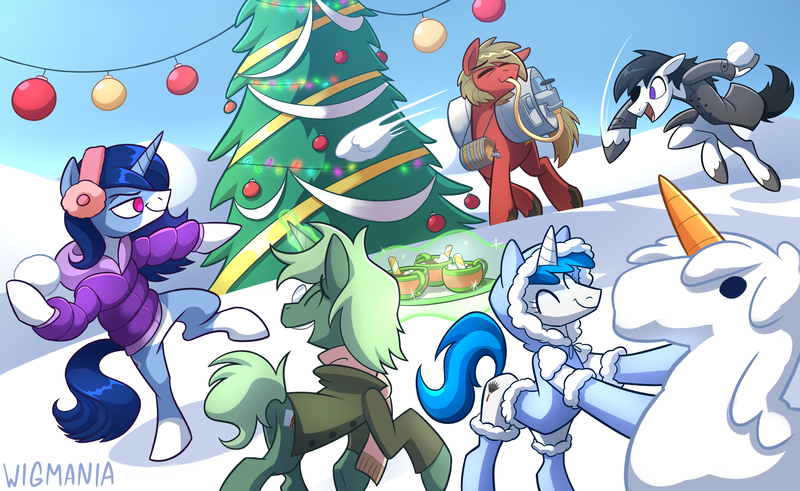 Size: 11400x7000 | Tagged: safe, artist:wigmania, ponerpics import, ponybooru import, oc, oc:crystal glaze, oc:disco hooch, oc:feathertrap, oc:iron reign, oc:soft mane, earth pony, pony, unicorn, bauble, carrot, celebration, chirstmas tree, chocolate, christmas, christmas 2023, christmas decoration, clothes, commission, decoration, digital art, drinking, earmuffs, food, fur coat, hearth's warming, holiday, hot chocolate, image, joy, keg, male, males only, png, scarf, snow, snowball, snowball fight, snowpony, socks, stallion, stockings, thigh highs, wholesome, winter, winter coat, winter outfit