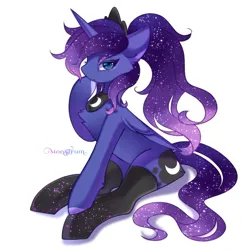 Size: 3000x3000 | Tagged: safe, artist:monstrum, derpibooru import, princess luna, alicorn, clothes, cute, image, jpeg, looking at you, ponytail, sitting, socks, solo, stockings, thigh highs