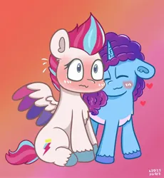 Size: 1782x1936 | Tagged: safe, artist:limitmj, derpibooru import, zipp storm, pegasus, pony, unicorn, g5, blushing, dawnstorm, female, gradient background, image, jpeg, lesbian, mare, misty brightdawn, nuzzling, shipping, zippsty