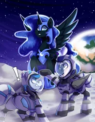 Size: 2750x3500 | Tagged: safe, artist:shadowreindeer, derpibooru import, nightmare moon, oc, oc:astral azure, oc:orion zephyr, earth pony, pegasus, fanfic:somnambulance, astronaut, commission, earth, high res, image, jpeg, moon, space, spacesuit, surprised