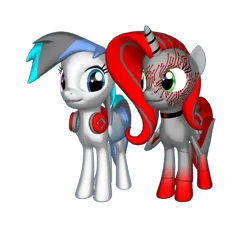 Size: 526x474 | Tagged: safe, artist:snowy starshine, derpibooru import, oc, oc:red virus, oc:snowy starshine, alicorn, pegasus, 3d, headphones, image, jewelry, looking at each other, looking at someone, mech pony, necklace, png