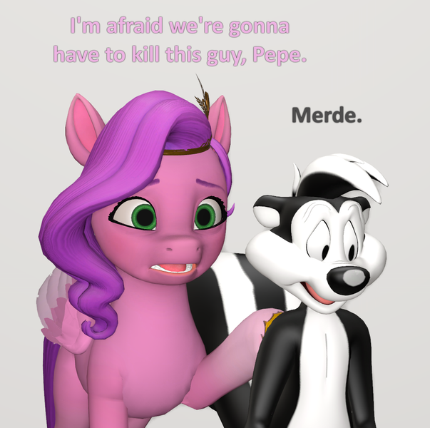 Size: 1086x1080 | Tagged: safe, artist:red4567, derpibooru import, pipp petals, pegasus, pony, skunk, g5, 3d, crossover, french, i think we're gonna have to kill this guy, image, imminent murder, looney tunes, meme, pepe le pew, png, simple background, source filmmaker, vulgar