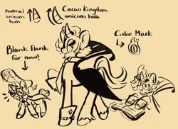 Size: 1280x930 | Tagged: safe, artist:i-ate-a-purse, derpibooru import, ponified, pony, unicorn, book, cloak, clothes, concave belly, cookie run, crossover, eclair cookie, espresso cookie, glasses, hat, image, jpeg, male, monochrome, simple background, text, unshorn fetlocks