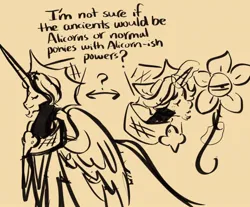Size: 1280x1060 | Tagged: safe, artist:i-ate-a-purse, derpibooru import, ponified, alicorn, pony, cloak, clothes, cookie run, crossover, eyes closed, flower, hat, image, jpeg, magic, male, monochrome, pure vanilla cookie, spread wings, text, wings, witch hat