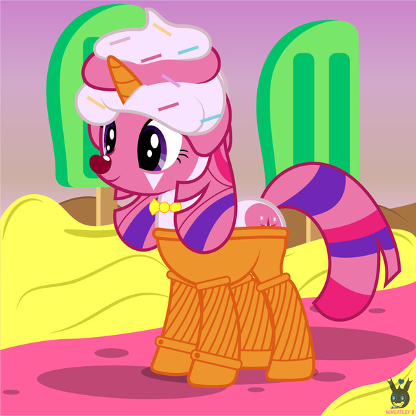 Size: 1418x1419 | Tagged: safe, artist:wheatley r.h., derpibooru import, oc, oc:twi clown, ponified, unofficial characters only, food pony, original species, pony, unicorn, birthday gift, bowtie, cherry, clone, cute, derpibooru exclusive, female, food, horn, ice cream cone, image, jpeg, mare, solo, unicorn oc, vector, watermark