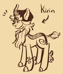 Size: 1230x1439 | Tagged: safe, artist:i-ate-a-purse, derpibooru import, ponified, kirin, concave belly, cookie run, crossover, fig cookie, hat, horn, image, jpeg, male, monochrome, simple background, text