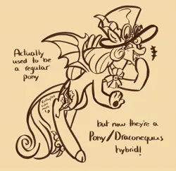 Size: 1280x1238 | Tagged: safe, artist:i-ate-a-purse, derpibooru import, ponified, draconequus, hybrid, pony, bat wings, cookie run, crossover, fangs, female, hat, horns, image, jpeg, laughing, monochrome, paws, simple background, solo, spread wings, text, timekeeper cookie, top hat, wings