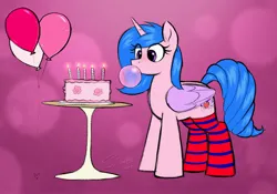Size: 3756x2622 | Tagged: safe, artist:selenophile, derpibooru import, oc, unofficial characters only, alicorn, pony, abstract background, alicorn oc, balloon, birthday, birthday cake, bubblegum, cake, clothes, explicit source, eye clipping through hair, food, gum, horn, image, jpeg, socks, solo, striped socks, wings
