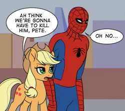 Size: 1813x1600 | Tagged: safe, artist:redahfuhrerking, derpibooru import, applejack, earth pony, human, pony, 60s spider-man, dialogue, duo, female, g4, human male, i think we're gonna have to kill this guy, image, imminent murder, male, mare, marvel, meme, png, ponified meme, speech bubble, spider-man