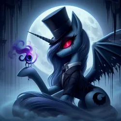 Size: 1024x1024 | Tagged: safe, ai content, derpibooru import, machine learning generated, princess luna, alicorn, undead, vampire, vampony, alive fire, bat wings, clothes, creature, dark magic, dark skin, ears up, fog, g4, generator:dall-e 3, hat, horn, image, jpeg, light, looking at you, magic, magical fire, magician, magician hat, magician outfit, moon, night, one eye, prompter:rektpay, purple fire, serious, serious face, sitting, spread wings, suit, wings