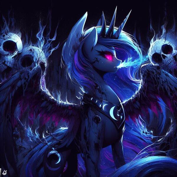 Size: 1024x1024 | Tagged: semi-grimdark, ai content, derpibooru import, machine learning generated, princess luna, alicorn, undead, vampire, vampony, dark, dark magic, devious look, female, g4, generator:dall-e 3, glow, glowing eyes, human skull, image, inhaling, injured, jewelry, jpeg, light, magic, night, prompter:rektpay, purple eyes, regalia, serious, serious face, solo, souls, spread wings, standing, sucking souls, wings