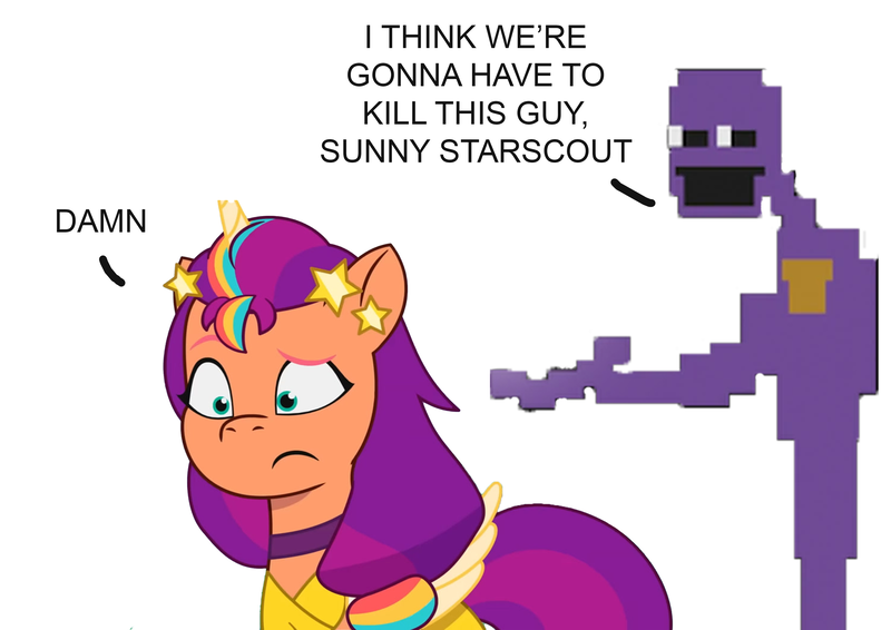 Size: 3508x2480 | Tagged: safe, artist:lightisanasshole, derpibooru import, sunny starscout, earth pony, pony, g5, five nights at freddy's, funny, i think we're gonna have to kill this guy, image, imminent murder, meme, png, purple guy, simple background, speech bubble, text, white background