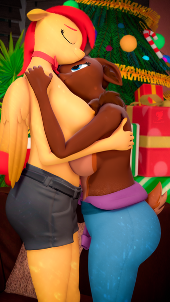 Size: 2160x3840 | Tagged: questionable, artist:silkworm205, derpibooru import, oc, oc:cocoa dust, oc:epiclper, unofficial characters only, anthro, deer, deer pony, hybrid, original species, sphinx, series:cocoa dusts christmas cuddles 2023, 3d, antlers, bowtie, breasts, christmas, christmas tree, clothes, colored eyebrows, cuddling, desert, ear fluff, eyes closed, female, floppy ears, fluffy mane, fluffy tail, folded wings, hand on shoulder, holiday, hug, image, lesbian, looking up, neck fluff, nipples, nudity, oc x oc, pants, partial nudity, png, shipping, shorts, skirt, smaller female, source filmmaker, tail, topless, tree, wings