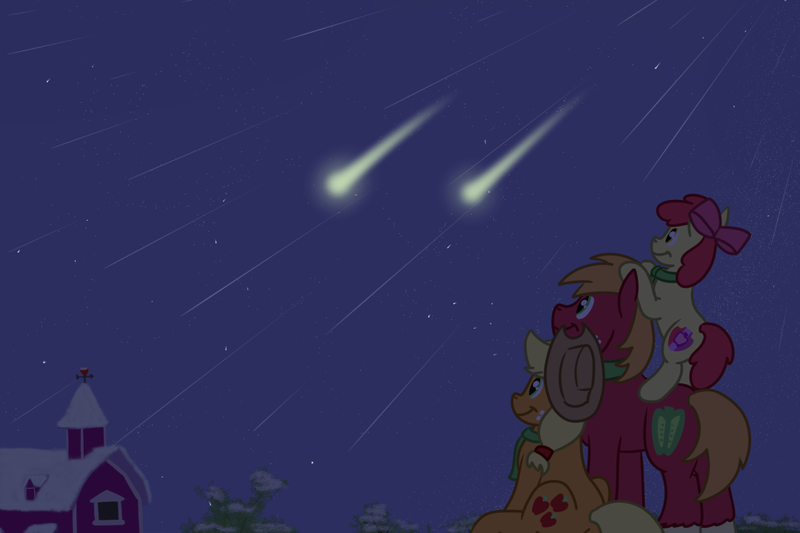 Size: 1080x720 | Tagged: safe, artist:hoofclid, derpibooru import, apple bloom, applejack, big macintosh, earth pony, pony, apple siblings, apple sisters, brother and sister, clothes, female, filly, foal, image, male, mare, night, png, scarf, shooting star, siblings, sisters, snow, stallion, sweet apple acres, sweet apple acres barn, winter