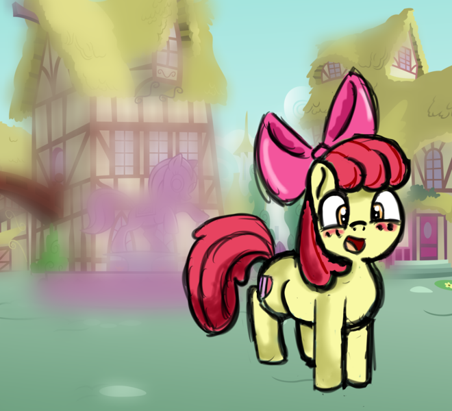 Size: 5500x5000 | Tagged: safe, artist:zestymf, derpibooru import, apple bloom, scootaloo, shining armor, sweetie belle, earth pony, pony, adorabloom, apple bloom's bow, applebetes, blurry background, blushing, bow, butt, cute, cutie mark, cutie mark crusaders, female, filly, foal, hair bow, image, looking at something, open mouth, paint tool sai, png, ponyville, shieldbutt, smiling