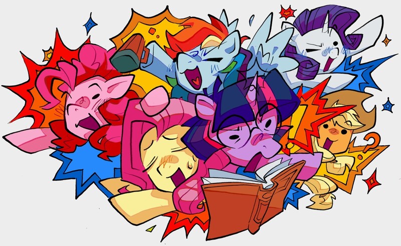 Size: 2048x1257 | Tagged: safe, artist:matterproblem, derpibooru import, applejack, fluttershy, pinkie pie, rainbow dash, rarity, twilight sparkle, earth pony, pegasus, pony, unicorn, blushing, book, cider mug, colored blushing, dot eyes, dynamic pose, exclamation point, female, glasses, group, half body, image, jpeg, mane six, mare, mug, question mark, round glasses, scribble blush, sextet, simple background, white background