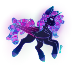 Size: 1482x1343 | Tagged: safe, artist:thatmlpartist, artist:trashpanda czar, derpibooru import, oc, oc:blacklight rave, unofficial characters only, alicorn, alicorn oc, dreadlocks, glow, gradient hooves, horn, image, jumping, png, procreate app, signature, simple background, solo, transparent background, wings