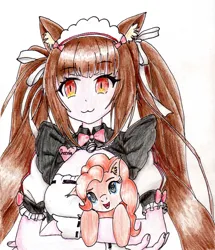 Size: 2451x2846 | Tagged: safe, artist:40kponyguy, derpibooru import, pinkie pie, cat, earth pony, pony, anime, catgirl, chocola (nekopara), clothes, colored pencil drawing, crossover, derpibooru exclusive, ear fluff, g4, head tilt, holding a pony, image, jpeg, looking at you, maid, nekopara, pigtails, simple background, traditional art, twintails