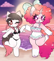 Size: 3700x4208 | Tagged: safe, artist:arwencuack, derpibooru import, oc, oc:arwencuack, anthro, pegasus, unicorn, beach, belly button, bikini, clothes, commission, cute, image, png, sunset, swimsuit, ych result