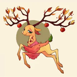 Size: 1500x1500 | Tagged: safe, artist:weird--fish, derpibooru import, the great seedling, deer, going to seed, abstract background, apple, concave belly, food, image, jpeg, quadrupedal, slim, solo, thin, thin legs