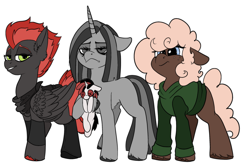 Size: 2515x1735 | Tagged: safe, artist:brainiac, derpibooru import, oc, oc:blackjack, oc:cinder blaze, oc:somber, oc:uncharted pages, unofficial characters only, earth pony, pegasus, pony, unicorn, derpibooru community collaboration, fallout equestria, fallout equestria: project horizons, 2024 community collab, fanfic art, female, image, mare, plushie, png, simple background, transparent background