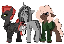 Size: 2515x1735 | Tagged: safe, artist:brainiac, derpibooru import, oc, oc:blackjack, oc:cinder blaze, oc:somber, oc:uncharted pages, unofficial characters only, earth pony, pegasus, pony, unicorn, derpibooru community collaboration, fallout equestria, fallout equestria: project horizons, 2024 community collab, fanfic art, female, image, mare, plushie, png, simple background, transparent background