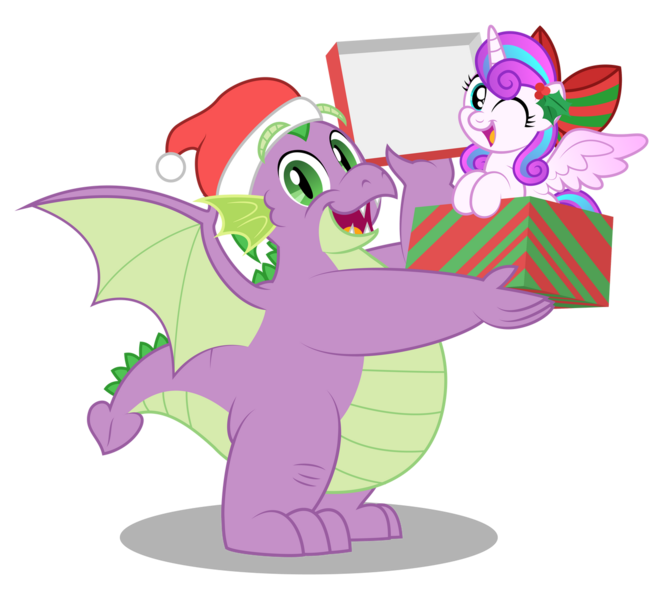 Size: 1280x1147 | Tagged: safe, artist:aleximusprime, derpibooru import, princess flurry heart, spike, alicorn, dragon, pony, flurry heart's story, bow, box, christmas, duo, duo male and female, fat, fat spike, female, filly, foal, hair bow, hat, holiday, holly, image, looking at you, male, older, older flurry heart, older spike, one eye closed, open mouth, png, pony in a box, present, santa hat, simple background, smiling, spread wings, transparent background, wings, wink