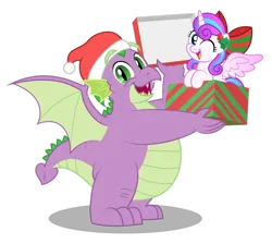 Size: 1280x1147 | Tagged: safe, artist:aleximusprime, derpibooru import, princess flurry heart, spike, alicorn, dragon, pony, flurry heart's story, bow, box, christmas, duo, duo male and female, fat, fat spike, female, filly, foal, hair bow, hat, holiday, holly, image, looking at you, male, older, older flurry heart, older spike, one eye closed, open mouth, png, pony in a box, present, santa hat, simple background, smiling, spread wings, transparent background, wings, wink